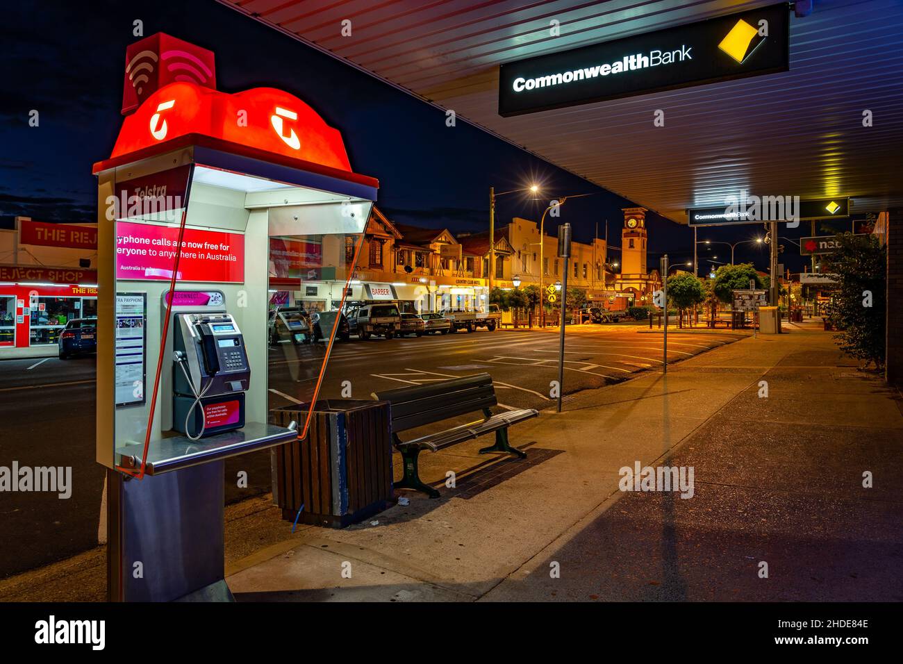 Stanthorpe, Queensland, Australia - Telstra landline phone booth illuminated at night Stock Photo