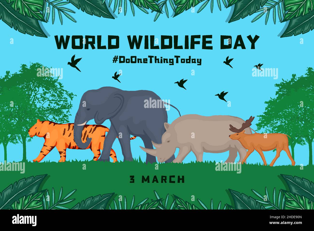 World Wildlife day background flat design with ornate text and silhouette birds with animals illustration vector Stock Vector