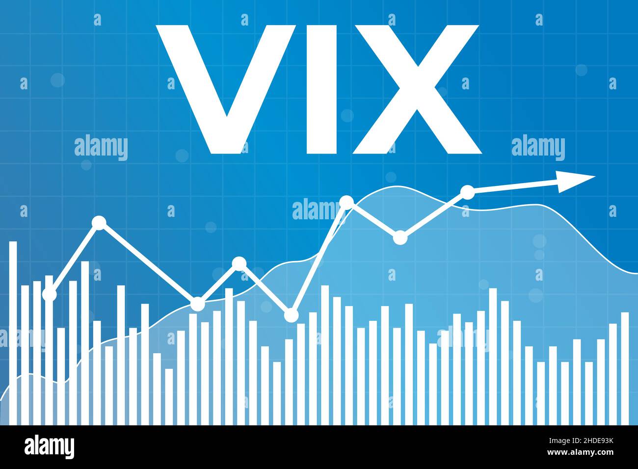 Word VIX (Volatility Index) on blue finance background with graphs, charts, columns, arrow. Financial market concept Stock Vector
