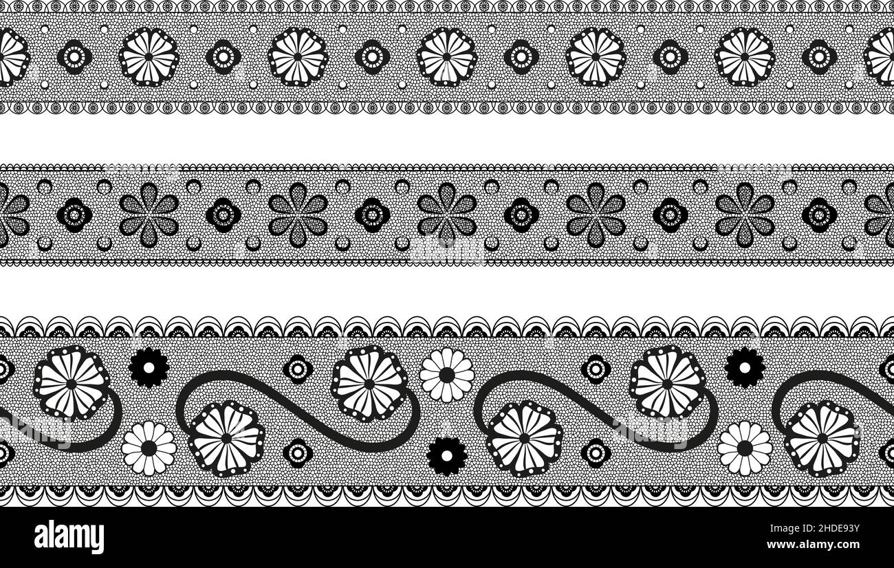 Black vintage lace ribbon isolated on white for decoration. Horizontally pattern design Stock Vector