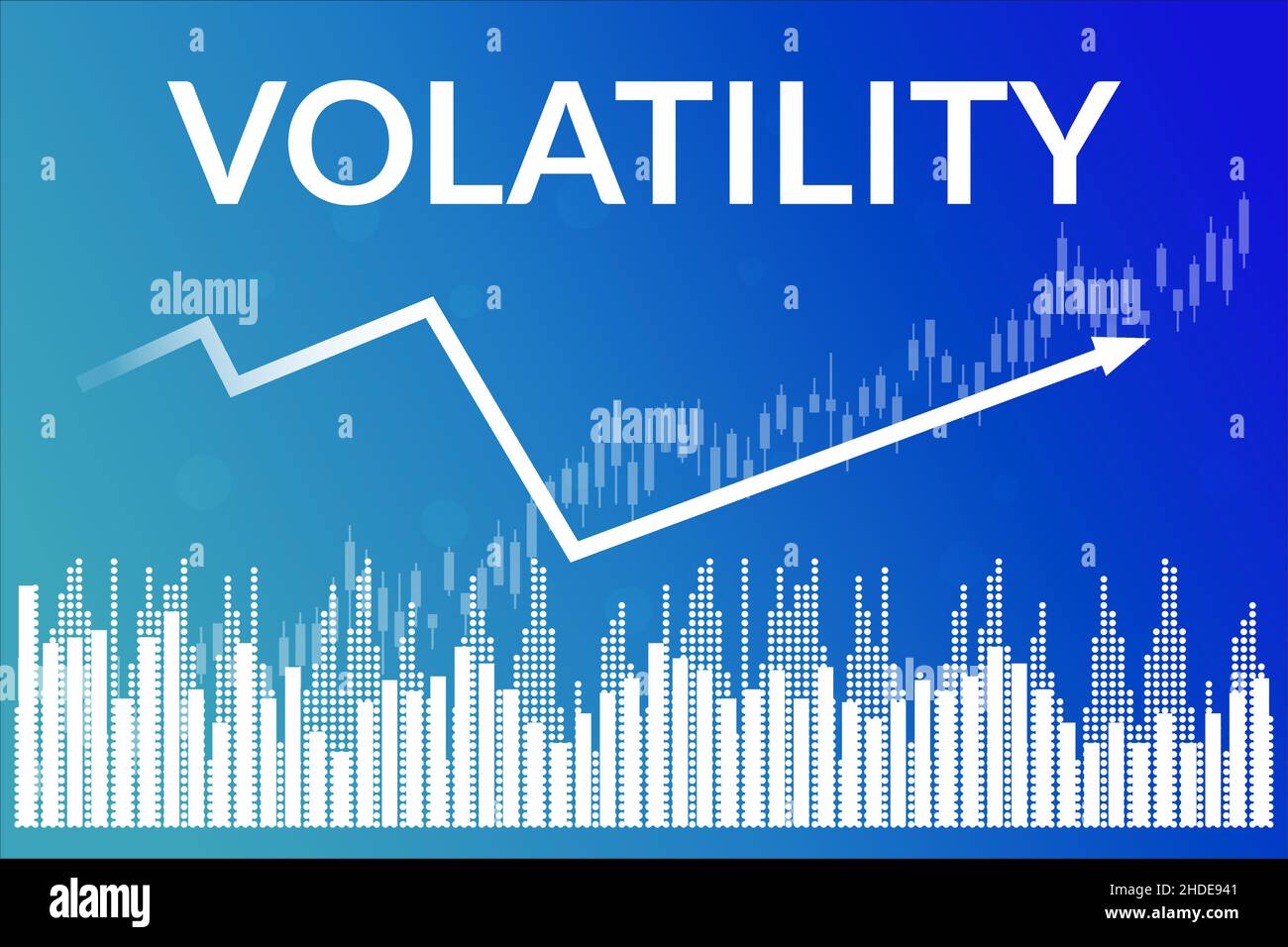 Volatility on financial market, blue finance background from columns, candlesticks, line, arrow. Financial market concept Stock Vector