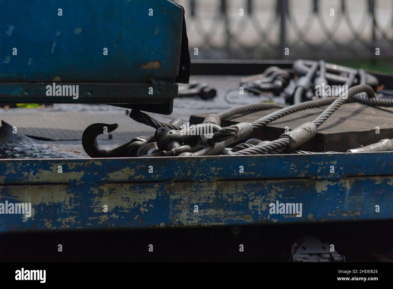 The slings lie on the open platform of the mobile crane. Mounting ...
