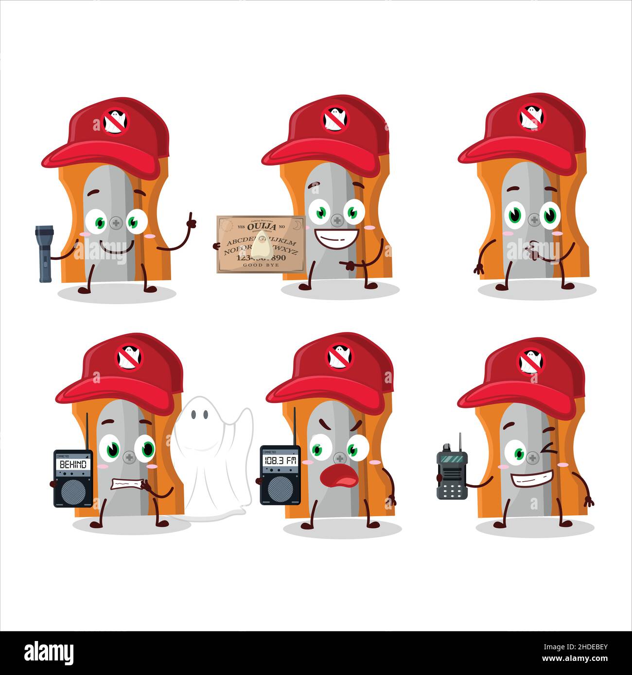 Ghost hunter cartoon orange pencil sharpener character using camera. Vector illustration Stock Vector