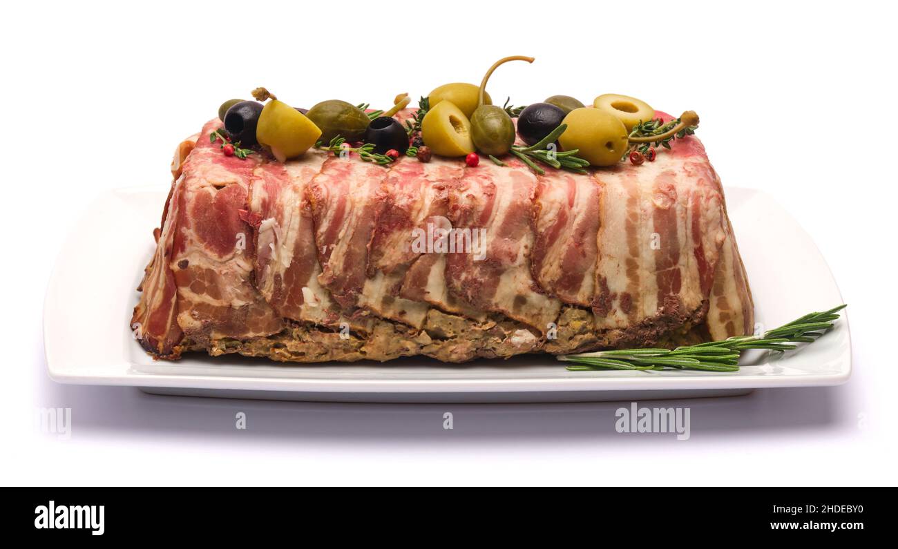 Traditional French terrine covered with bacon isolated on white background Stock Photo Alamy