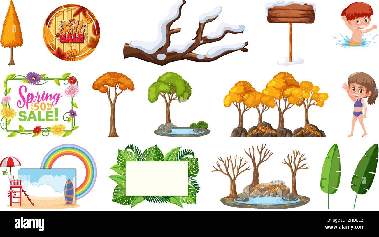 Set of four seasons trees and nature objects illustration Stock Vector ...
