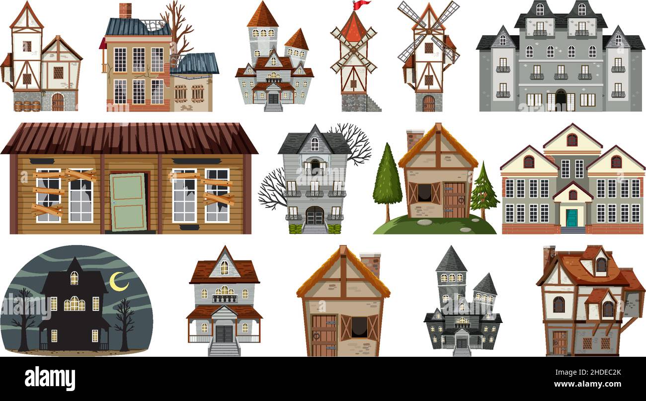Set of abandoned houses and buildings illustration Stock Vector Image ...
