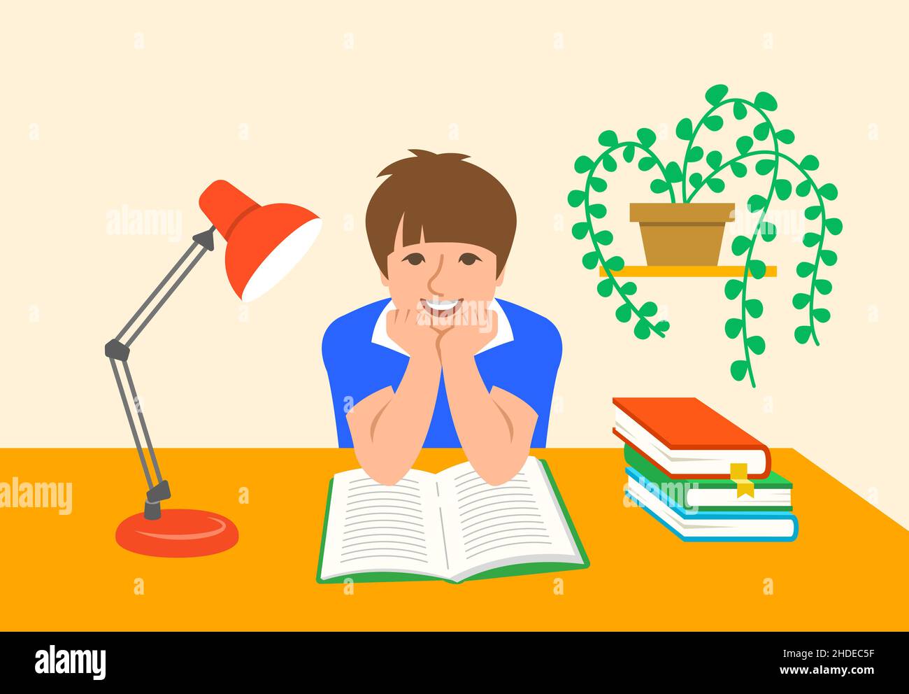 Little boy reading open paper book at the desk. Young book lover spends his free time with favorite book. Smart kid leisure activity. Schoolboy doing Stock Vector