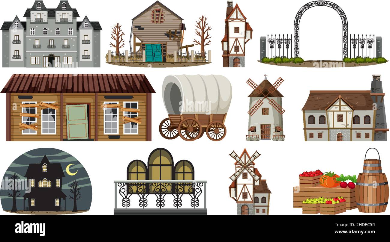 Set of abandoned houses and buildings illustration Stock Vector Image ...