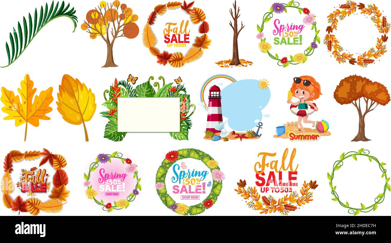 Set of four seasons trees and nature objects illustration Stock Vector ...