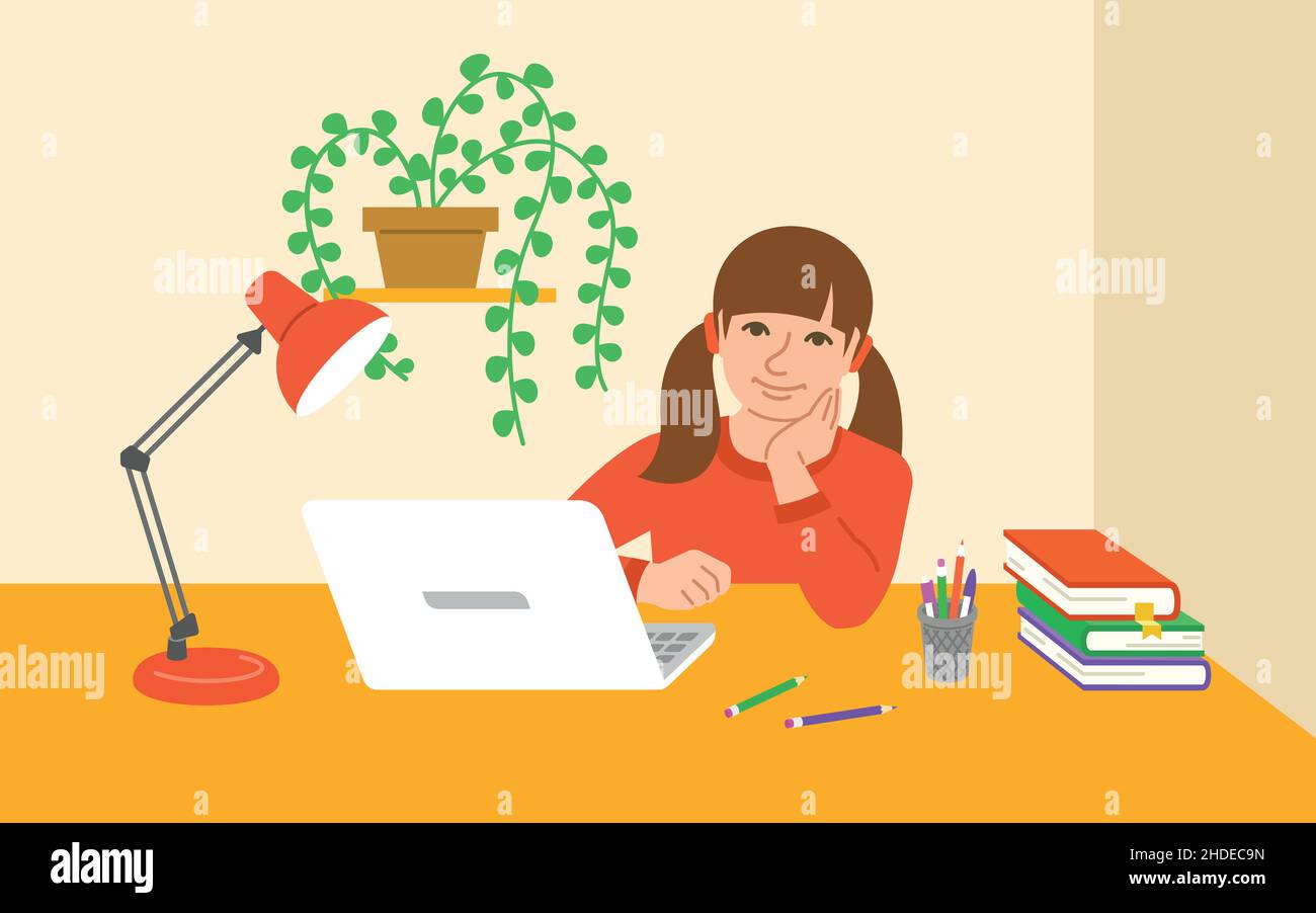 Little school girl doing homework at the desk in room. Young pupil preparing lessons with a computer. Online education distance learning by notebook. Stock Vector