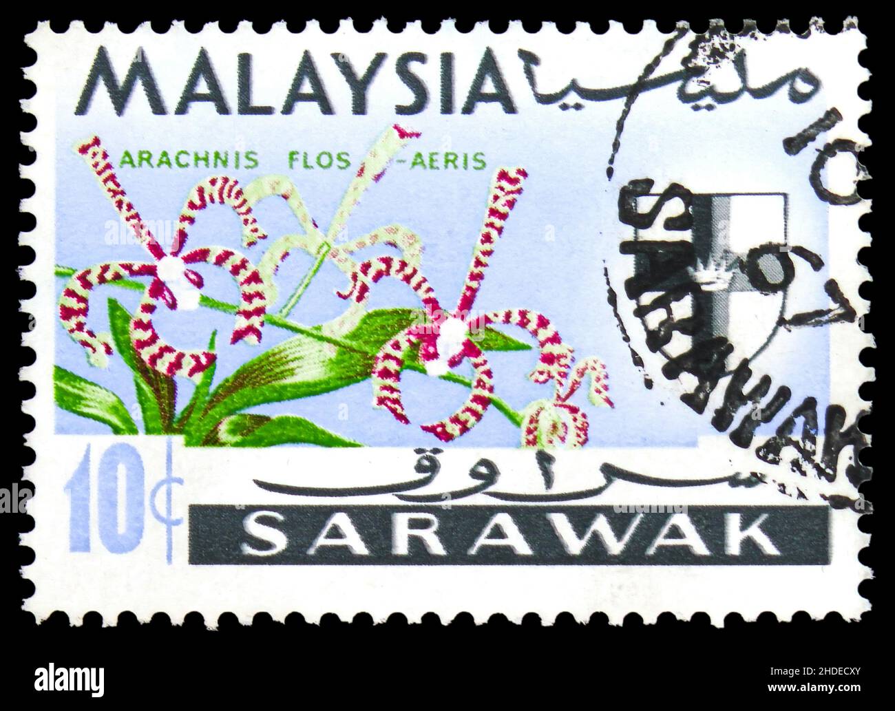 MOSCOW, RUSSIA - NOVEMBER 4, 2021: Postage stamp printed in Sarawak shows Arachnis flos-aeris, Orchids serie, circa 1965 Stock Photo