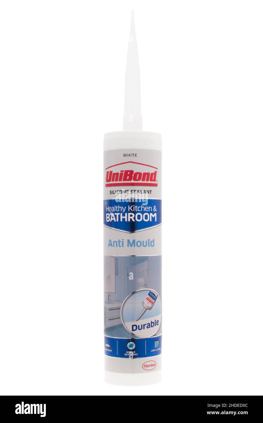 Tube of white Unibond silicone sealant on white background Stock Photo Alamy