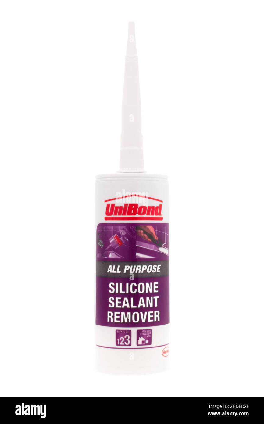 Tube of Unibond silicone sealant remover on white background Stock Photo