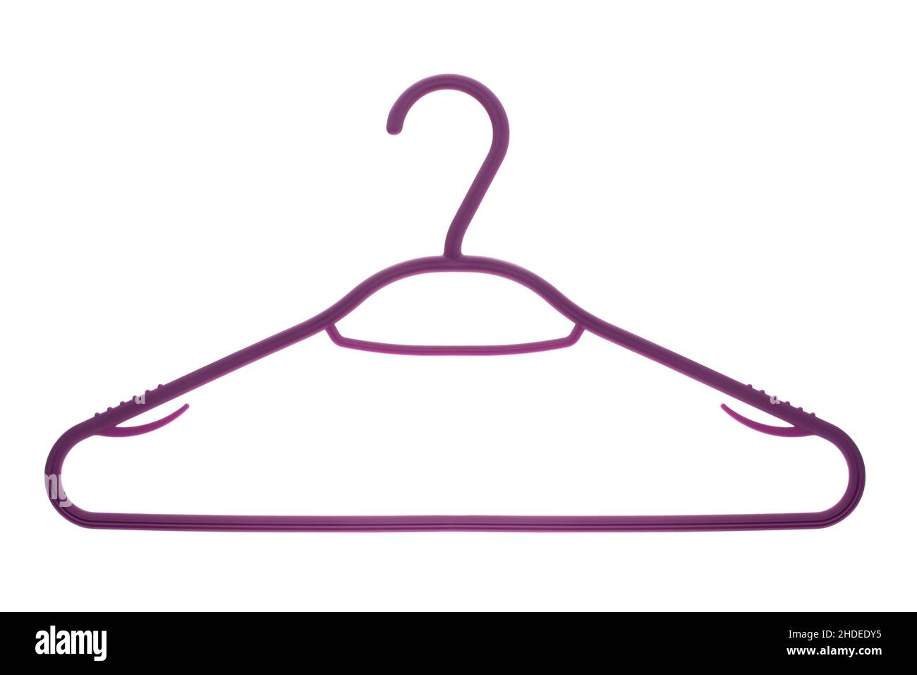 Plastic purple coat hanger on white background Stock Photo