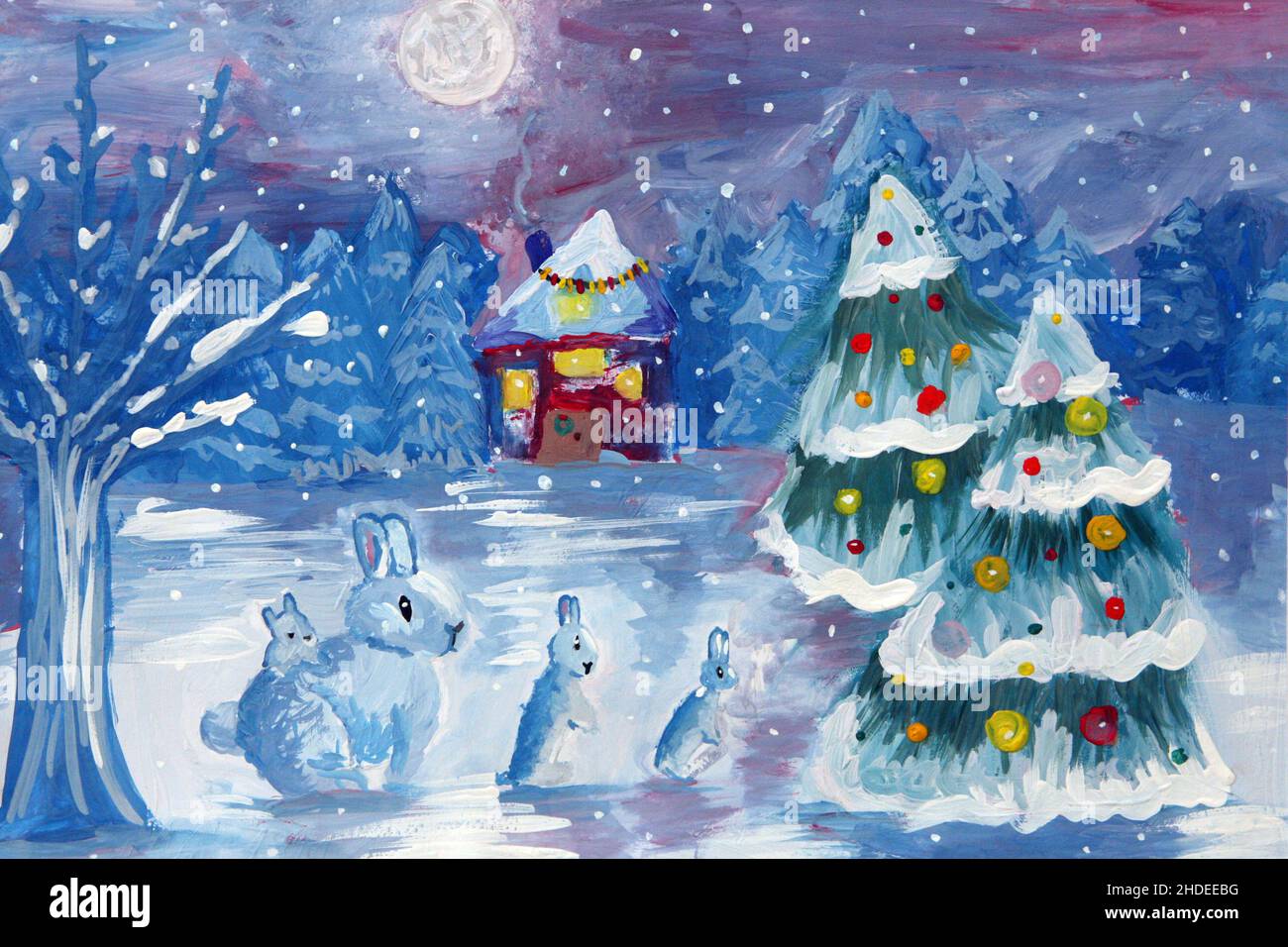 DNIPRO, UKRAINE - JANUARY 5, 2022 - A child's drawing shows a rabbit family by two Christmas trees at the opening of the Letter to Christmas Fairy Tal Stock Photo