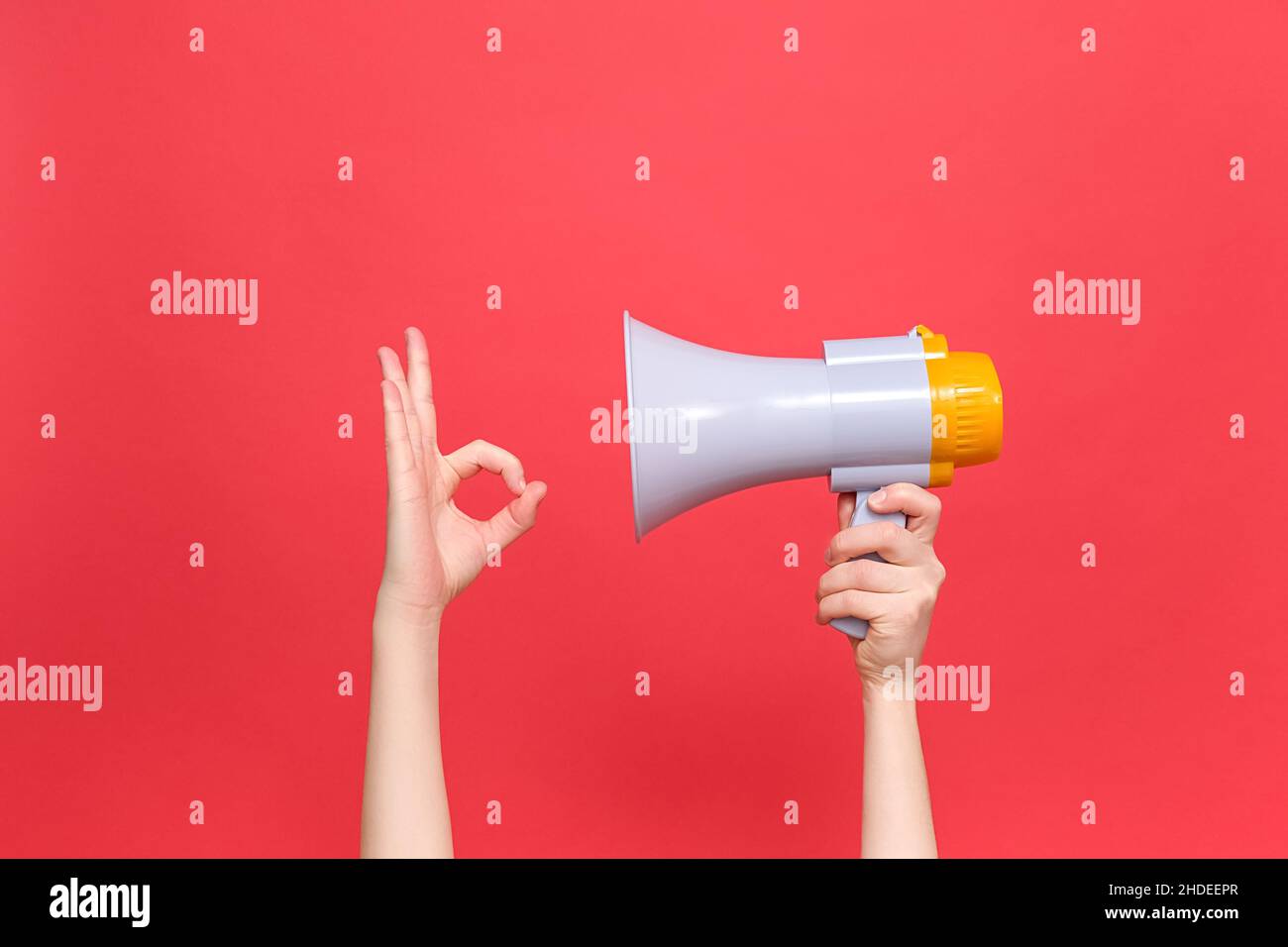 Female hands holding megaphone, confident doing ok gesture, gives approval or recommendation, likes idea, isolated over red color background wall with Stock Photo