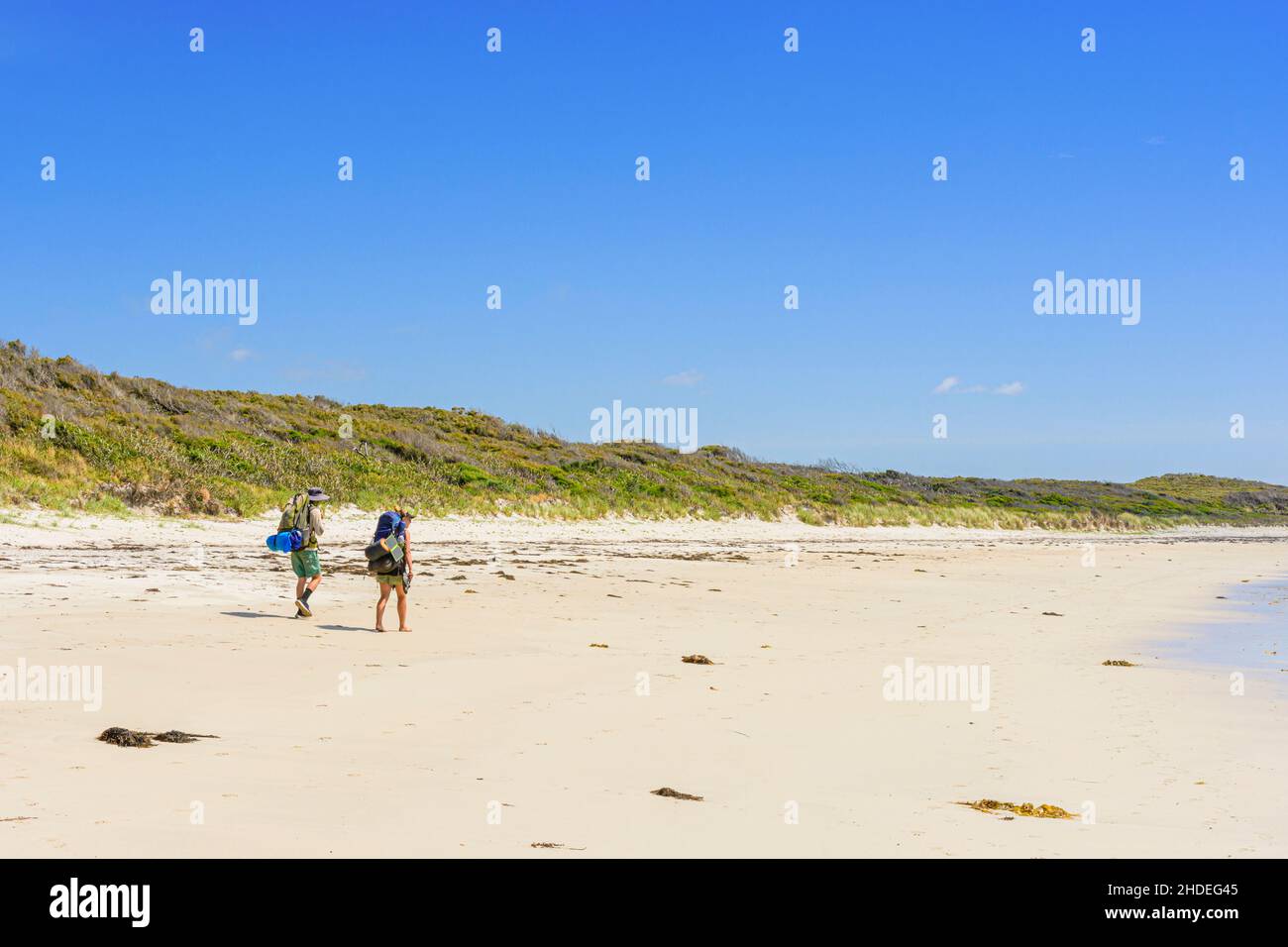 Hikers walk along a quiet beach section of the Bibbulmun Track at Cosy Corner Beach, Torbay, Albany, Western Australia, Australia Stock Photo