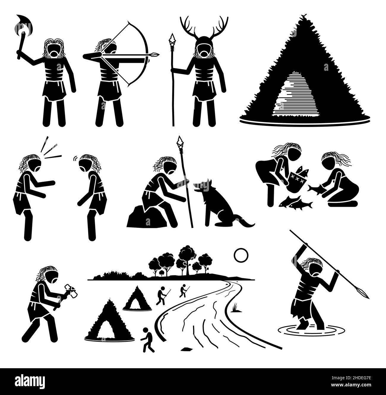 Prehistory Prehistoric Mesolithic Middle Stone Age Ancient Human. Vector illustrations depict primitive human people from middle stone age of the Meso Stock Vector