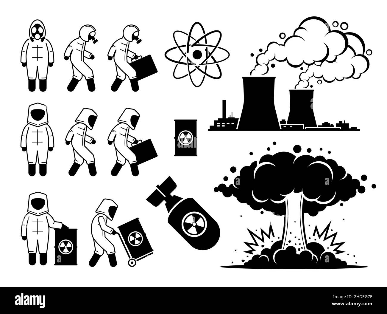 Modern History Atomic Age or Nuclear Age. Vector illustrations depict nuclear power plant, hazmat suit worker, radioactive waste, atom nuclear bomb, a Stock Vector