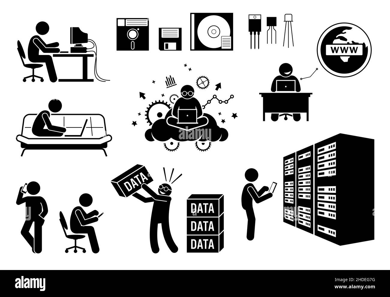 Modern History Information Age, Multimedia Age, and Social Age. Vector illustrations depict old diskette, transistor, people using computer, surfing I Stock Vector