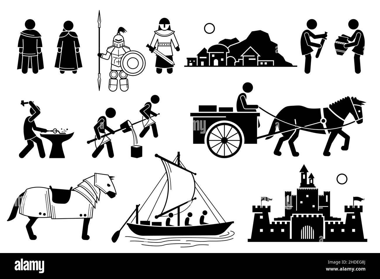 Ancient History Iron Age Medieval Human Civilization in Middle Age. Vector illustrations depict human technology development during the Iron Age and m Stock Vector