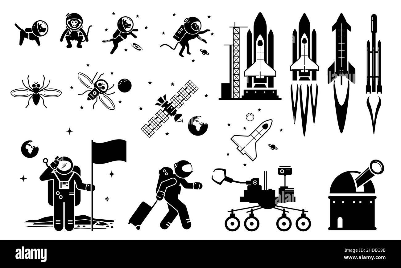 Modern History Space Age and Exploration. Vector illustrations depict human sending dog, monkey, and fruit fly to space. Human astronaut and rocket fl Stock Vector