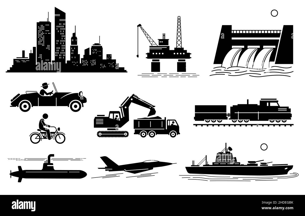 Modern History Machine Age, Age of Oil and Jet Age. Vector illustration depicts city skyscraper, oil platform, hydroelectric dam, vintage car, bike, e Stock Vector