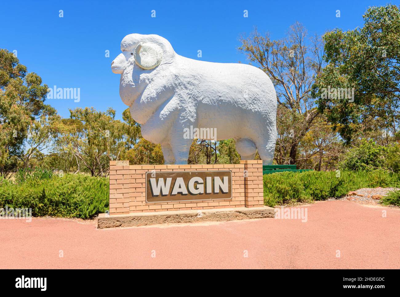 The Big Ram at the Giant Ram Tourist Park in the country town of Wagin, Western Australia, Australia Stock Photo