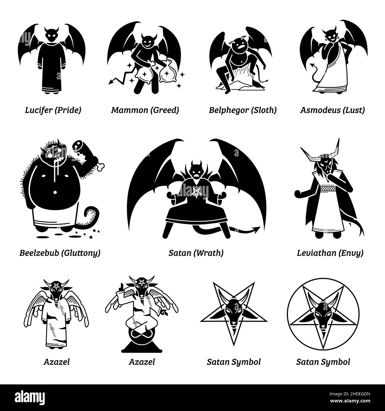 Seven deadly sins devils and Satan. Vector illustrations of Lucifer Pride, Mammon Greed, Belphegor Sloth, Asmodeus Lust, Beelzebub Gluttony, Satan Wra Stock Vector