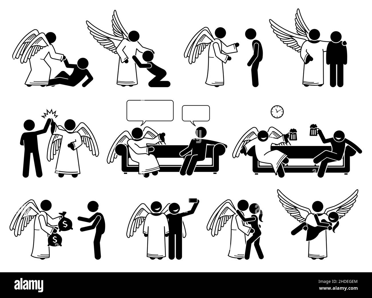 God angel and human stick figure pictogram icons. Vector illustrations depict angel helping, rescue, save, support, giving advice, love, and romance w Stock Vector