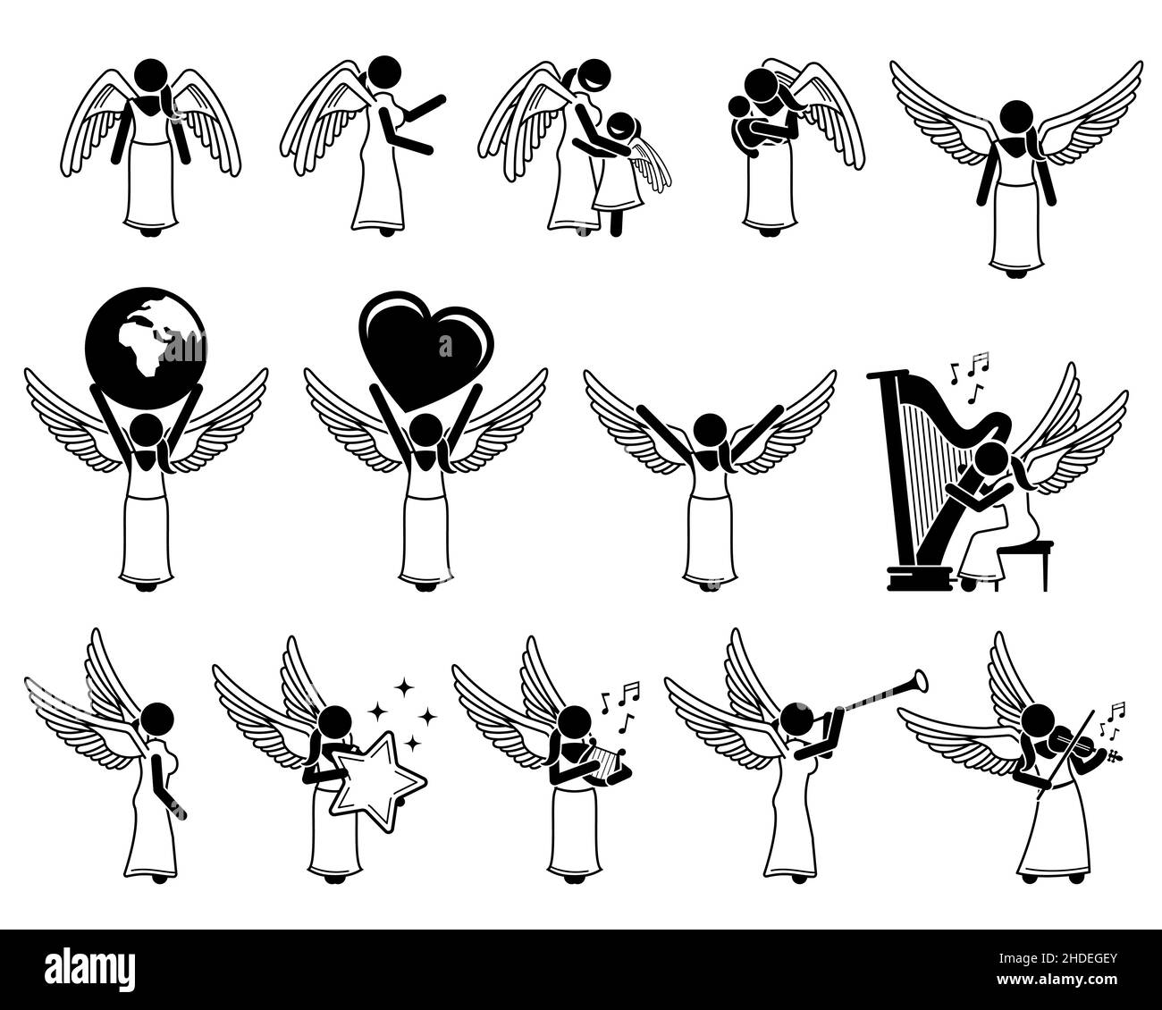 Female God angel stick figure pictogram icons. Vector illustrations depict a female angel with wings character designs, holding a child, Earth, love, Stock Vector
