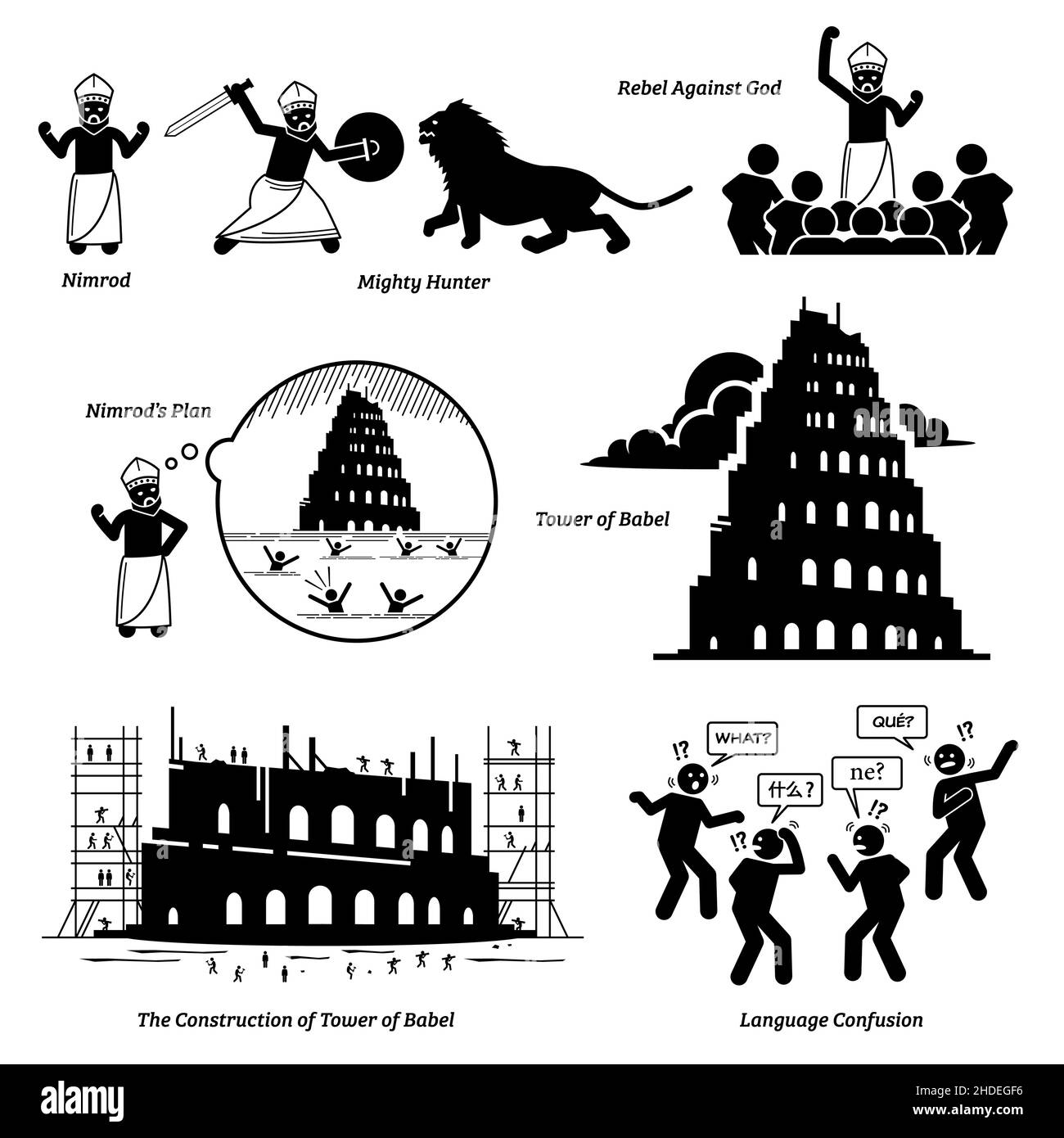 Nimrod and Tower of Babel bible biblical story. Vector illustrations depict King Nimrod as a mighty hunter, and rebel against God by building the Towe Stock Vector