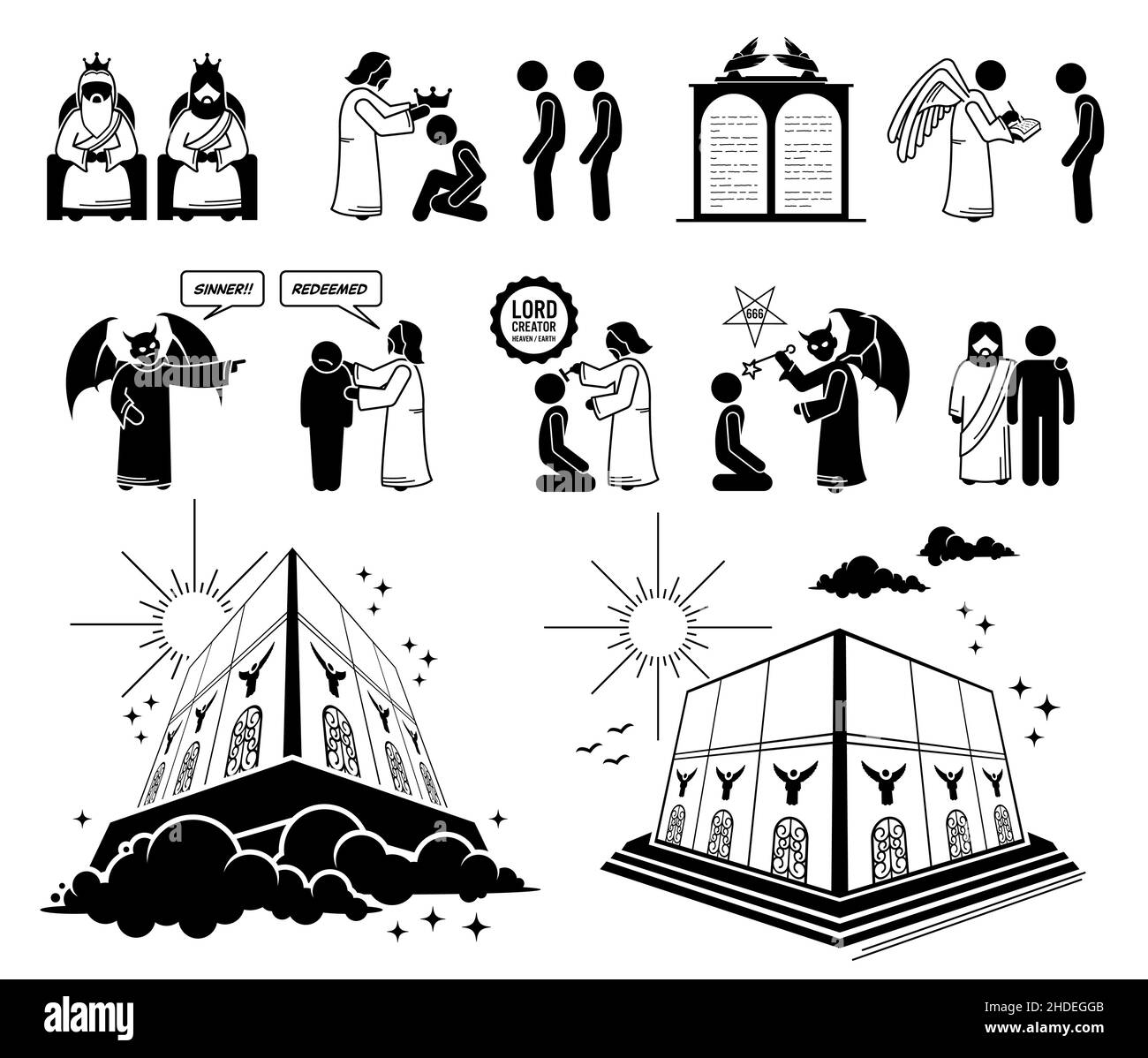 Judgment day or Final Day of Reckoning and New Jerusalem in Christian bible prophecy. Vector illustrations depict Jesus Christ, Satan, and God judging Stock Vector