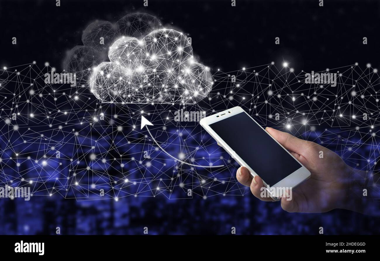 Hand hold white smartphone with digital hologram cloud, download, data ...