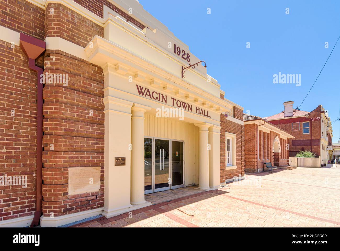 Facade of the Inter-war Free Classical style Wagin Town Hall in the rural country town of Wagin, Western Australia, Australia Stock Photo