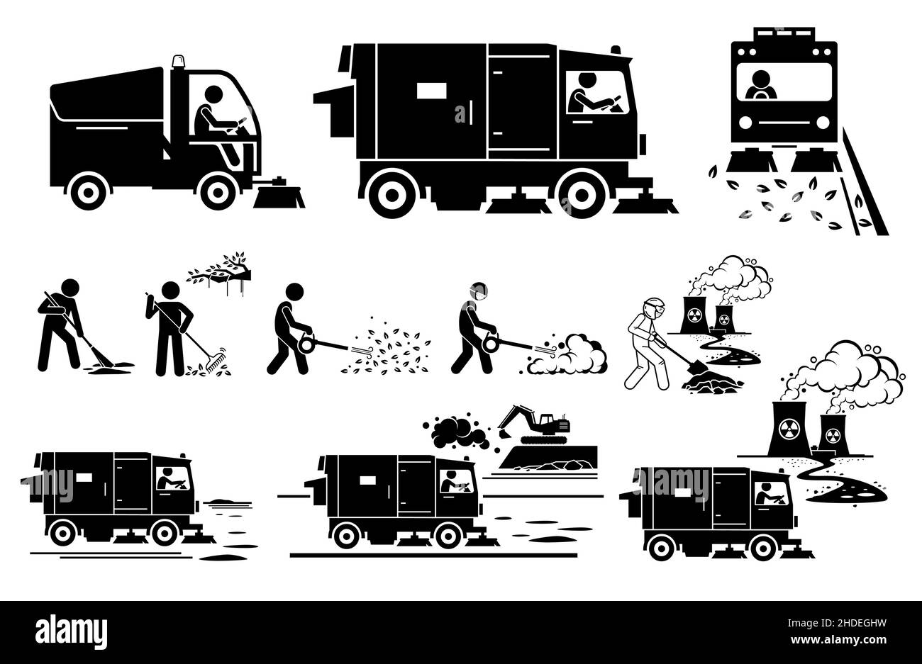 Street sweeper truck and worker collecting dirt, dusty, leaves, toxic waste on road side. Vector illustrations of people sweeping street and road with Stock Vector