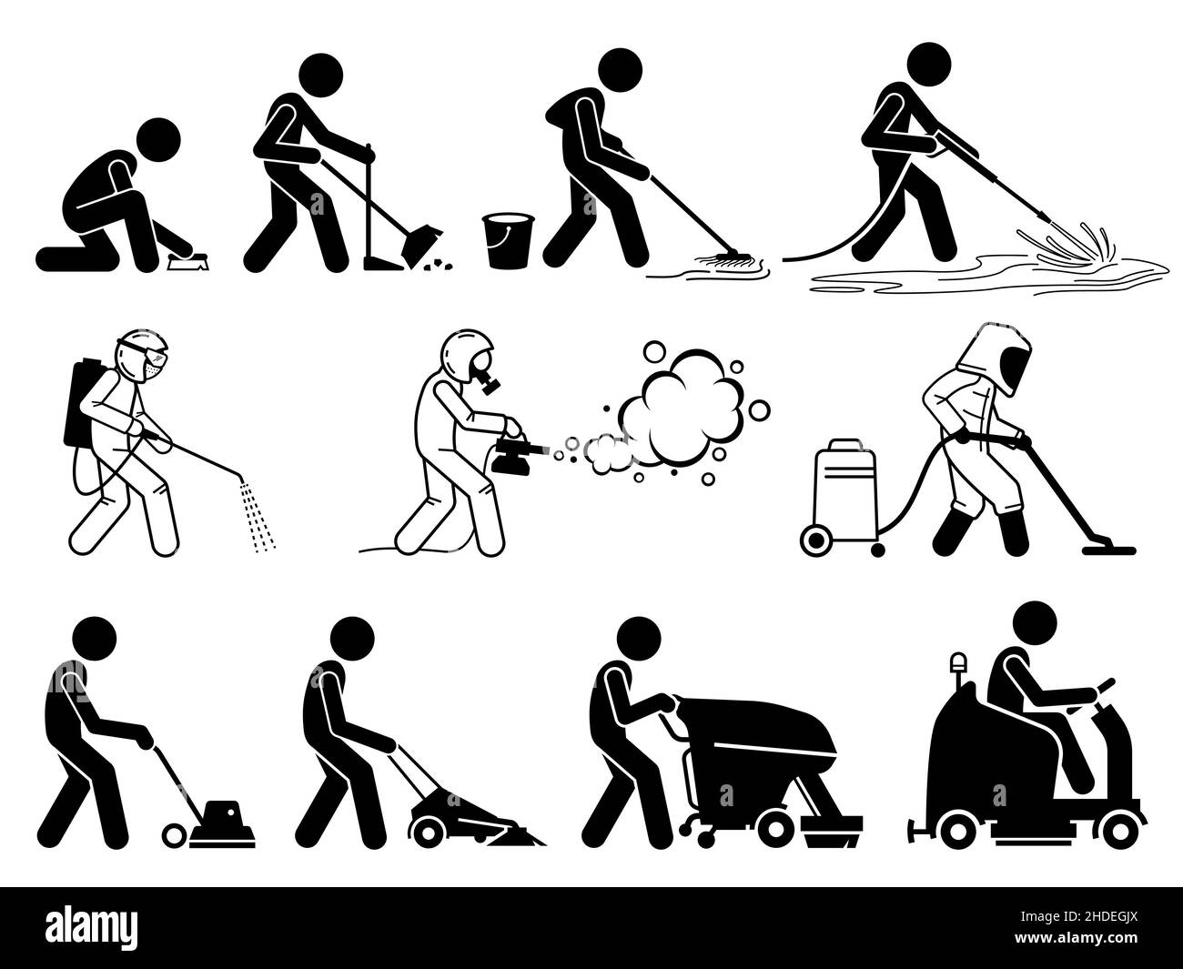 Commercial and industrial cleaning services worker with equipment. Vector illustrations of people sweeping, cleaning, washing, vacuuming, and disinfec Stock Vector