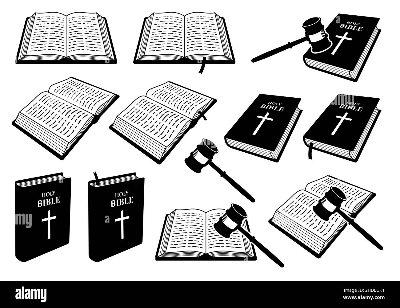 Christian Holy Bible Book of Judgement with judge gavel. Vector illustrations depict a set of Holy Bible books that open, close, showing cover, and wi Stock Vector