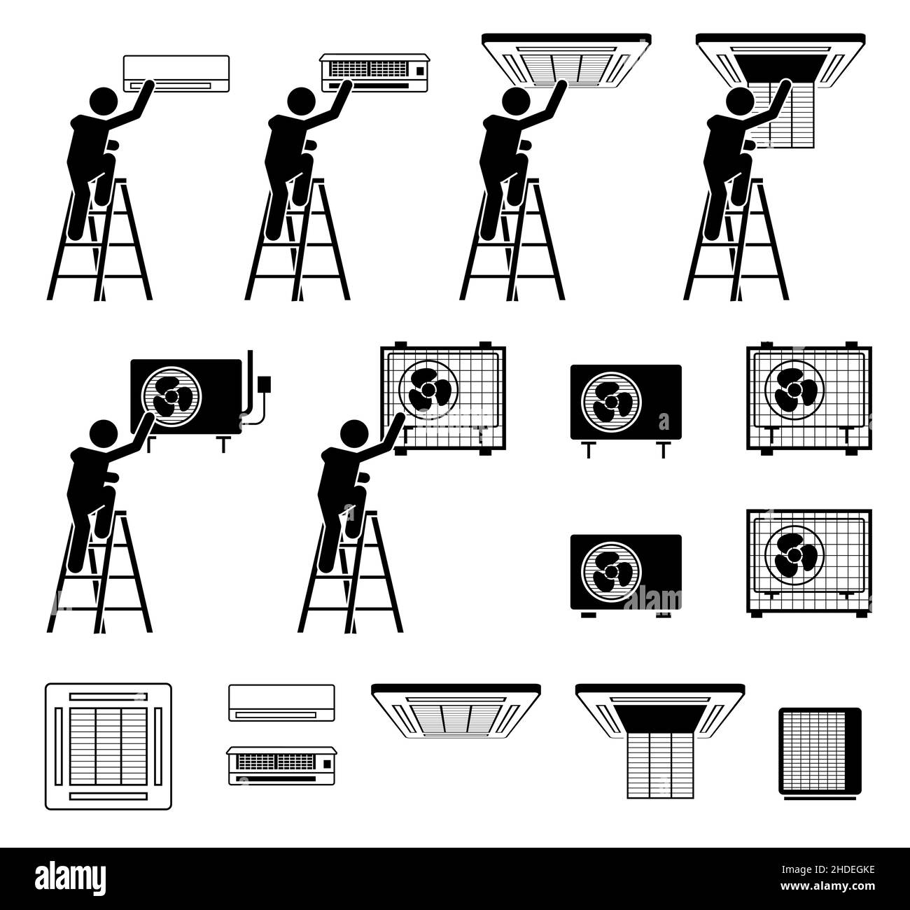 AC air conditioner conditioning unit. Man checking servicing air-conditioner unit at indoor and outdoor compressor. Vector illustration of technician Stock Vector