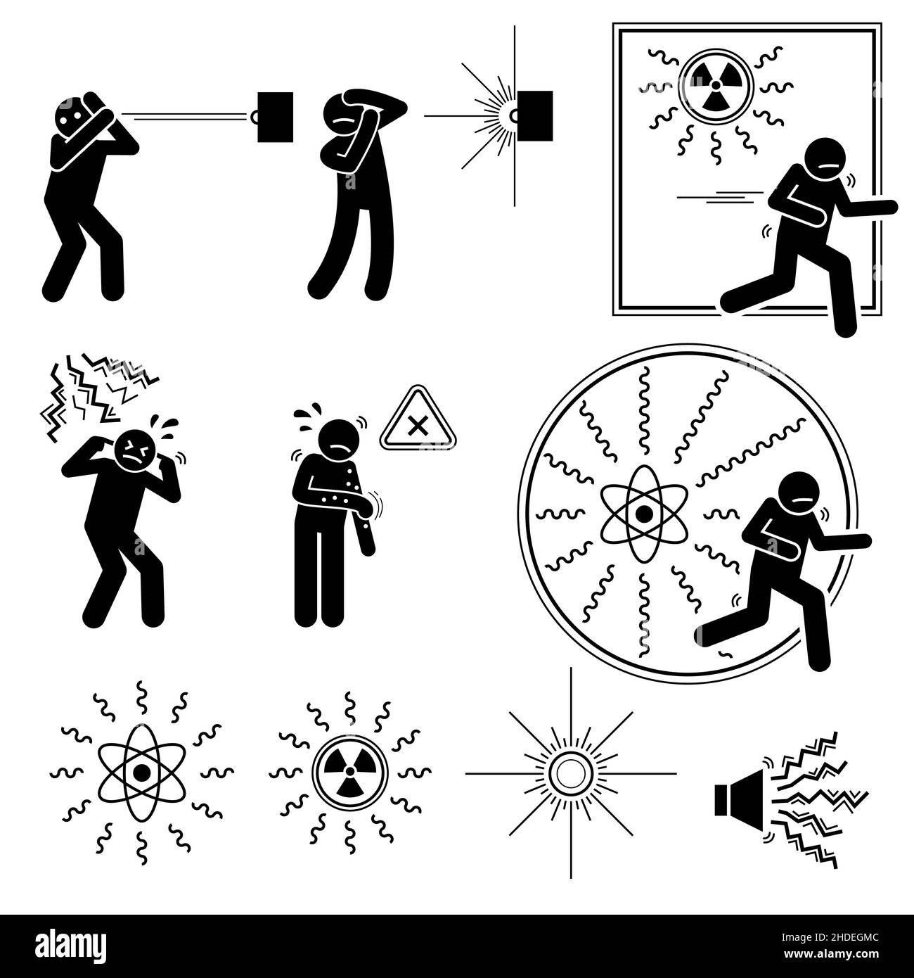 Radioactive hazard, biohazard, UV optical ray light, X-ray radiation, loud noise, and irritant to human. Warning sign, danger risk symbol, and safety Stock Vector