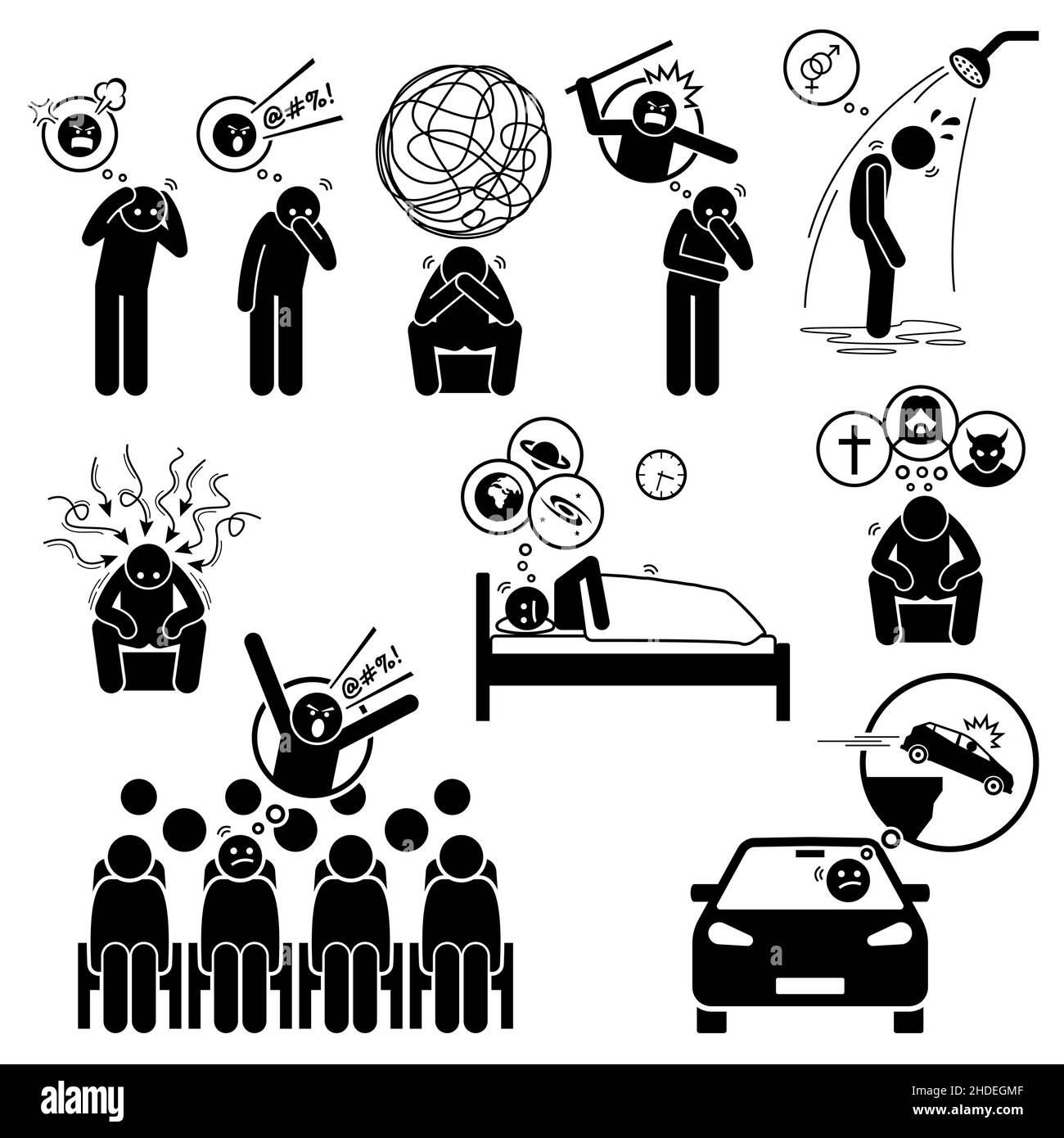 Obsessive compulsive disorder OCD. Ruminations intrusive thoughts Pure O mental disorder. Vector illustrations of people suffering with intrusive thou Stock Vector