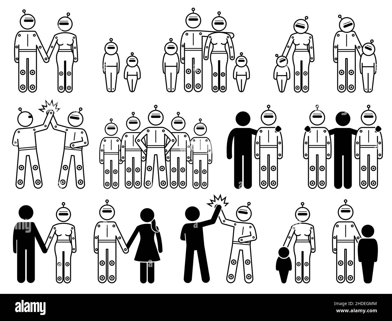 Robot android humanoid family and human. Vector illustrations of robot couple, family, friends, group, team, relationship, and cyborg parent. Stock Vector