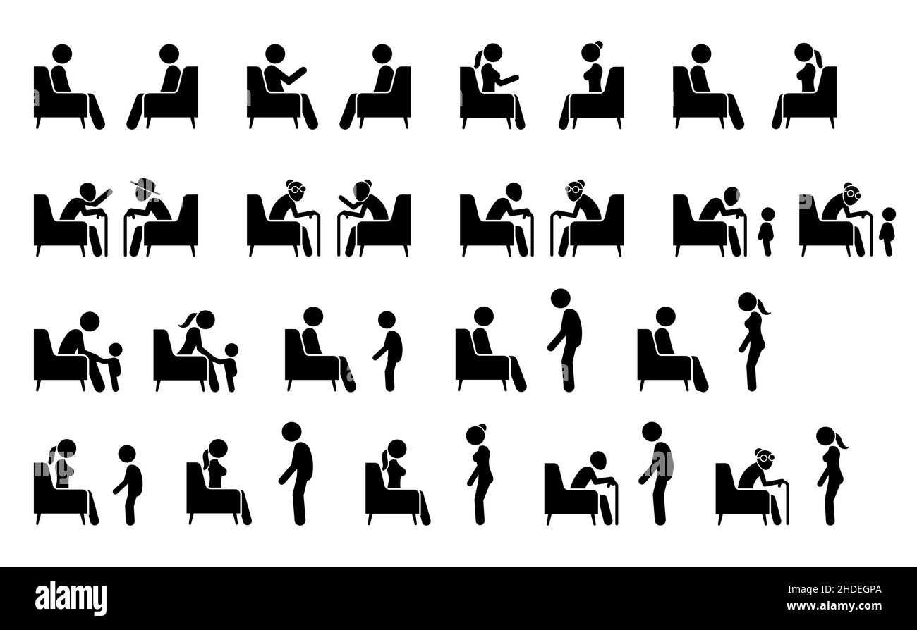 People sitting on a sofa or chair talking and facing each other. Vector illustrations pictogram of stick figure man, woman, elderly, and young child t Stock Vector