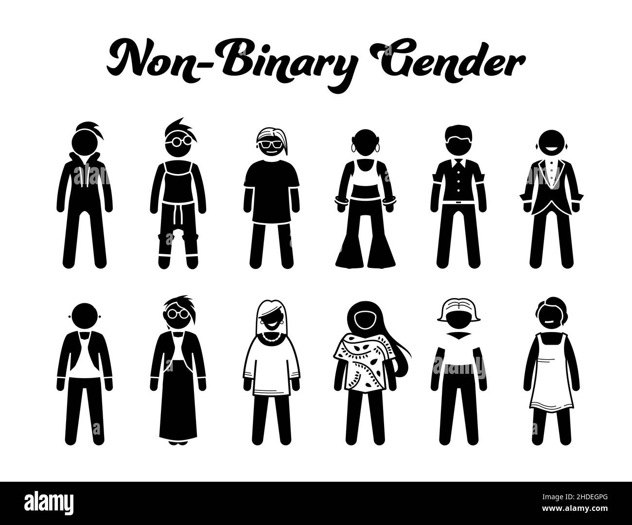 Nonbinary or non-binary gender character icon designs. Vector illustrations depicts human characters of nonbinary gender, LGBT, LGBTQ, transgender, ga Stock Vector