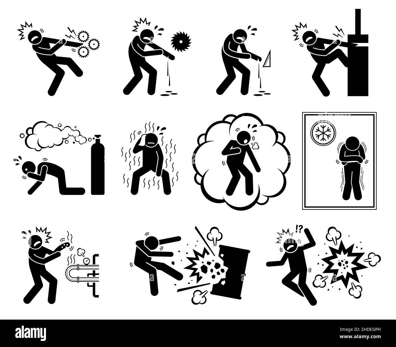 Warning sign, danger risk symbol, and safety precaution at workplace. Vector illustration pictogram of pinch point, sharp object, entrapment hazard, t Stock Vector