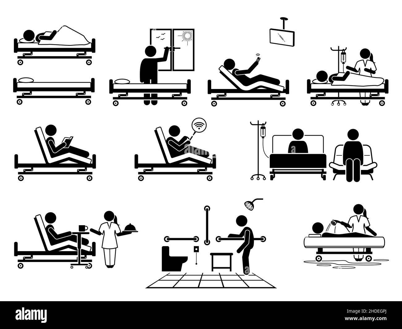 Patient at hospital room with many facilities stick figure pictogram icons. Vector illustrations of patient, hospital bed, window, television, nurse, Stock Vector