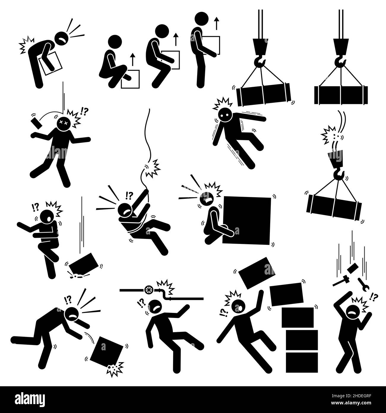 Warning sign, danger risk symbol, and safety precaution at workplace. Vector illustrations pictogram of manual handling, dangerous object things falli Stock Vector