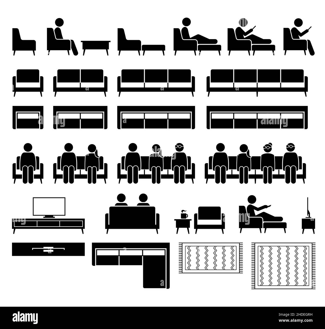 Sofa couch seating chair seater with people sitting. Vector illustrations icons pictogram of man and woman sitting on sofa and chair with footstool, c Stock Vector