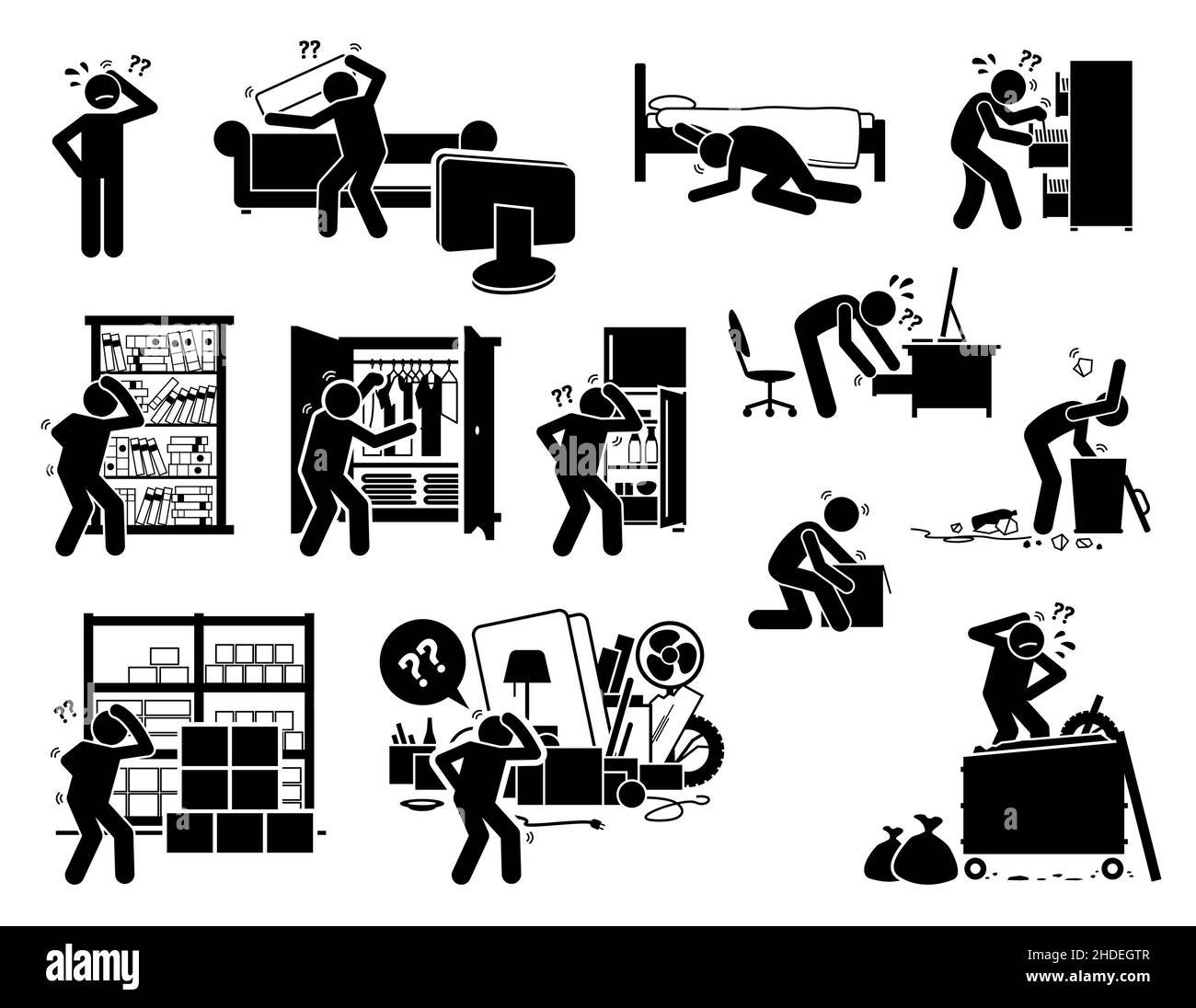 Man searching and finding lost things. Vector illustrations of stick figure search and find items at sofa, under the bed, cabinet, closet, book shelf, Stock Vector