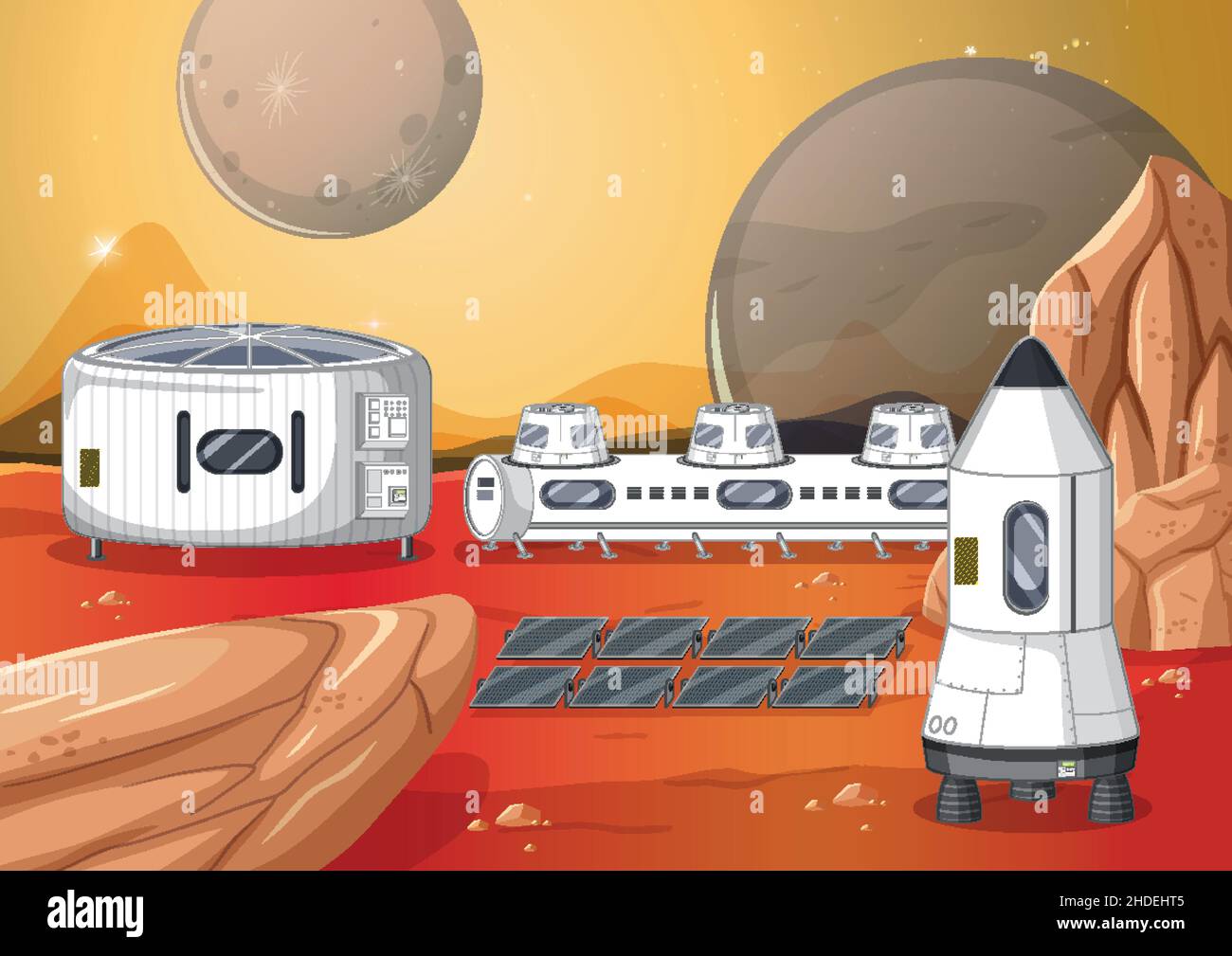 Landscape of planet surface with colony buildings illustration Stock ...